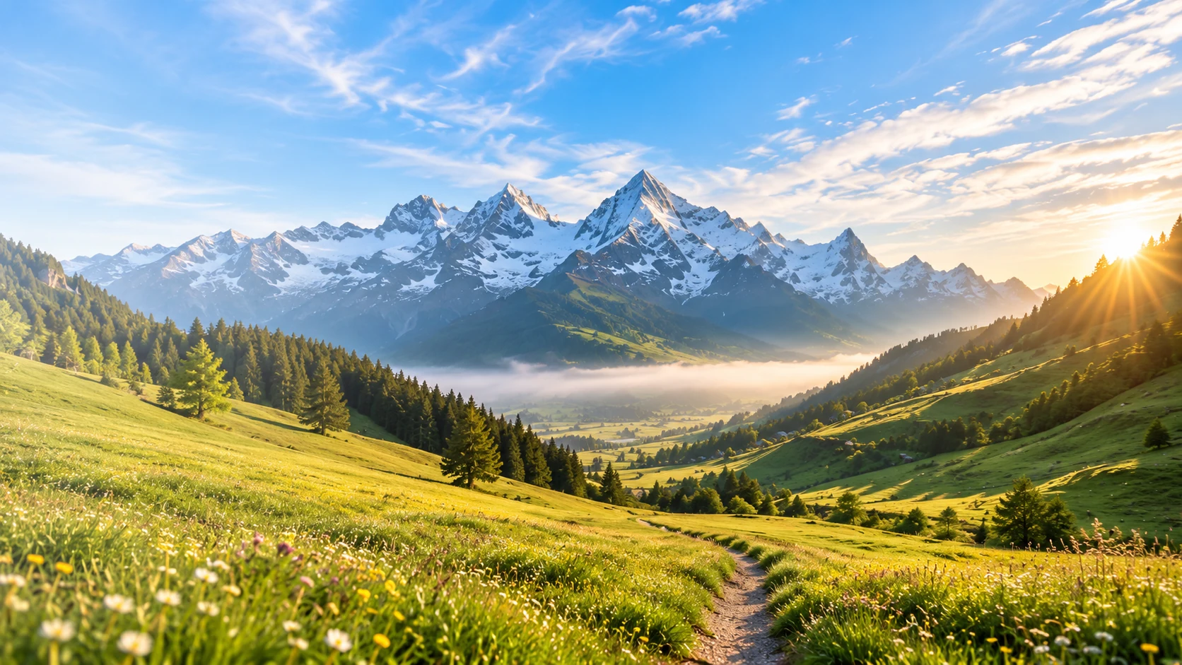 Weg über grüne Wiesen im Morgenlicht mit weitem Blick auf verschneite Berge